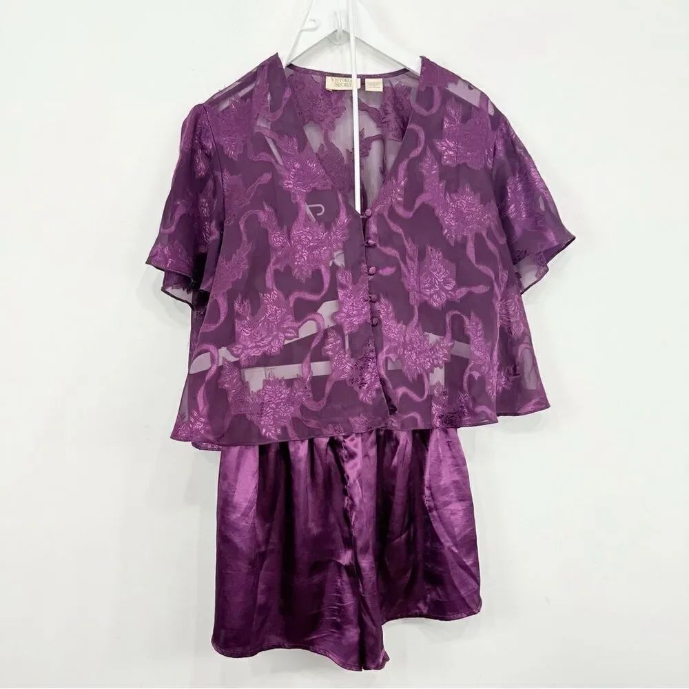 Victoria's Secret Vintage Gold Label Burgundy Two Piece Short Pajamas Set